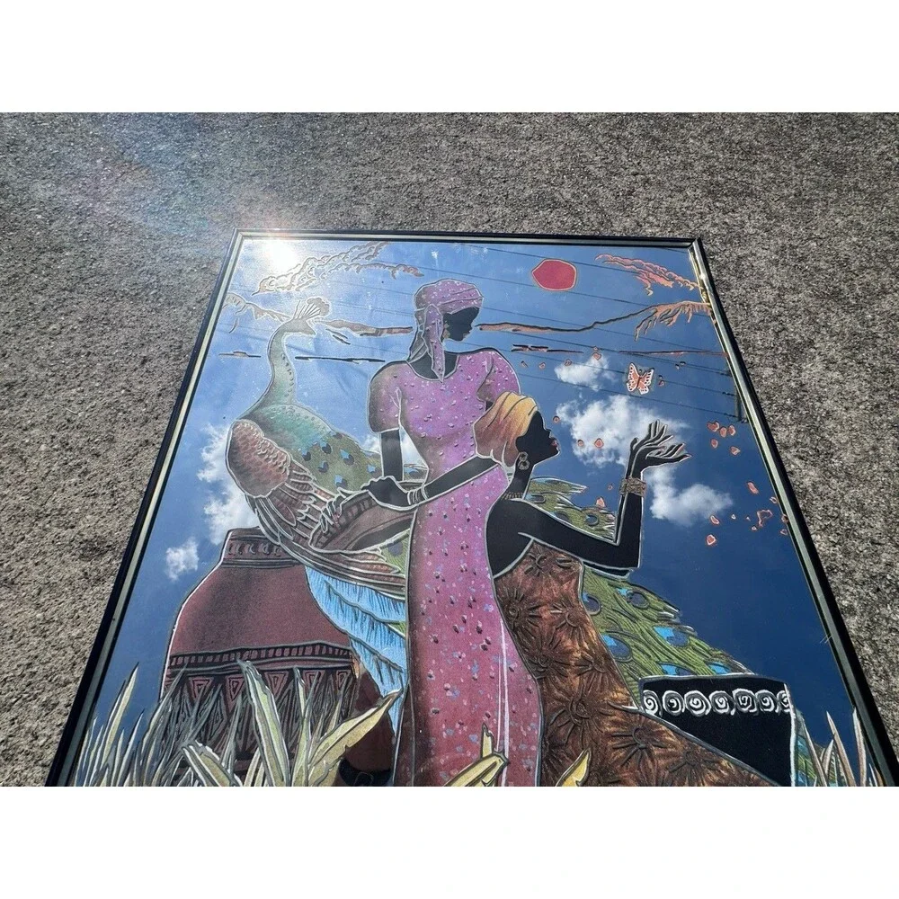Vintage Coleman African Women Peacock Mirror Art 1970s Afrocentric 22”